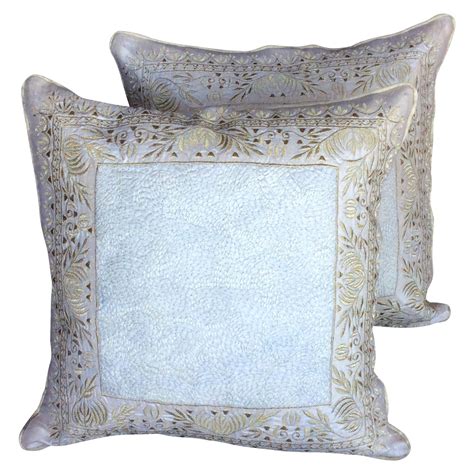 Embroidered Ivory & Gold Silk Pillows - A Pair | Chairish