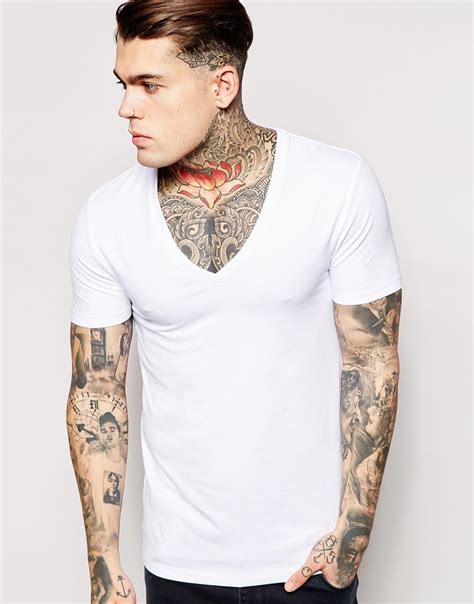 Asos Muscle Fit T Shirt With Deep V Neck And Stretch In White For Men