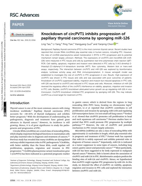 Pdf Knockdown Of Circpvt1 Inhibits Progression Of Papillary Thyroid