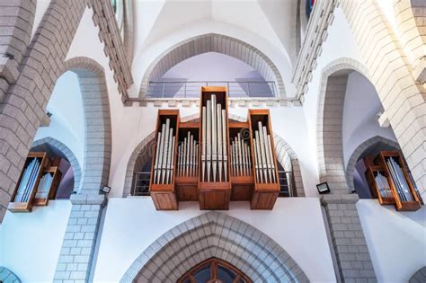 Pipes Of A Church Organ Inside The Interior Of A Christian Catholic