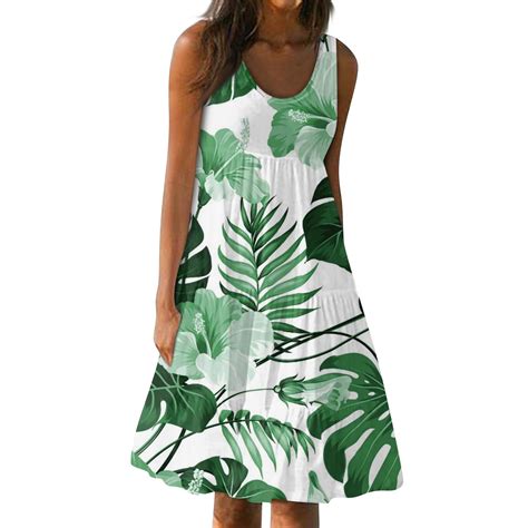 Ehtmsak Summer Long Dresses For Women 2024 Beach Hawaiian Tropical Palm Tank Crew Neck