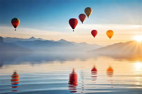 Premium Photo A Group Of Hot Air Balloons Floating On A Lake With