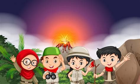 Premium Vector | Children in camping outfi by the volcano