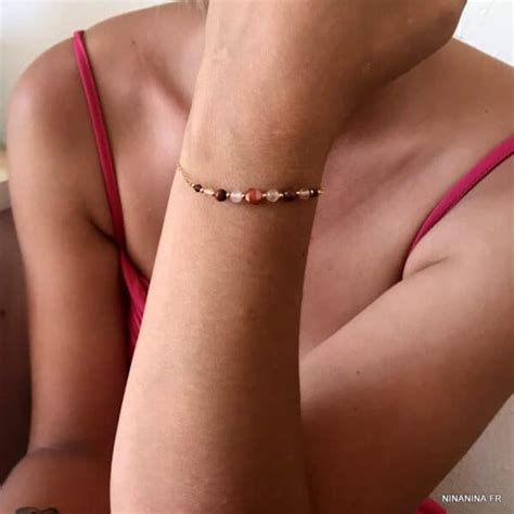 Bracelet Quartz Rose et Grenat Rouge fin Plaqué Or Ninanina