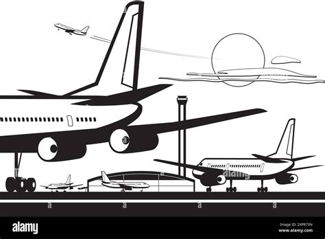 Airport Scene With Aircrafts And Terminal Building Vector