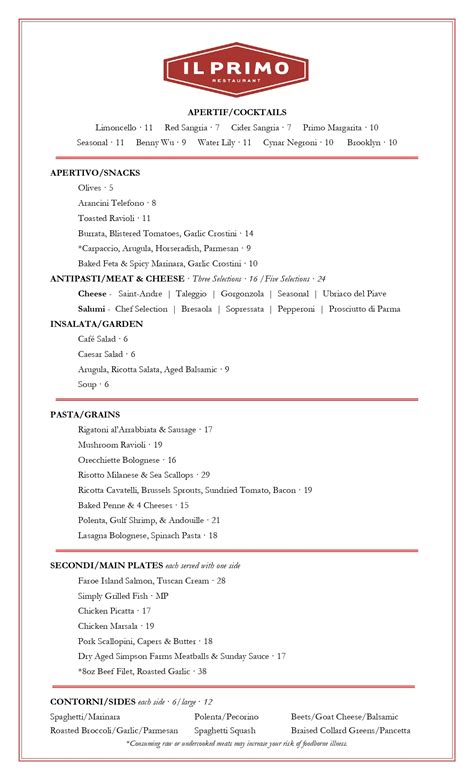 Our Menus Il Primo Restaurant