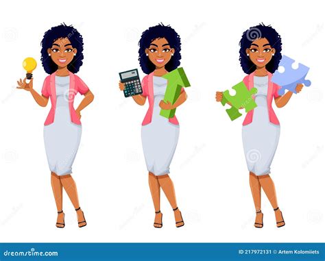 Afroamericana Mujer De Negocios Conjunto De Tres Poses Ilustración Del