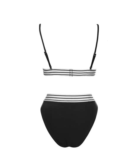 Sporty Bikini Sets Triangle Top High Rise Bottoms With Wide Striped Band Black CK L Y