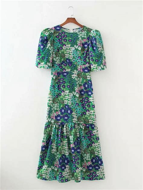 Vintage Flower Printed Dress Women Puff Sleeve High Waist Celebrity ...