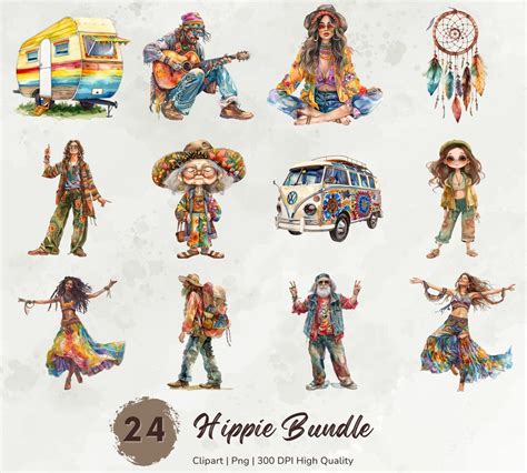 Hippie Clipart Whimsical Hippies Clipart Bundle Psychedelic Clipart