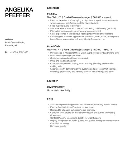 Food And Beverage Manager Resume Samples Velvet Jobs