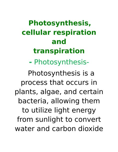 SOLUTION: Photosynthesis cellular respiration and transpiration - Studypool