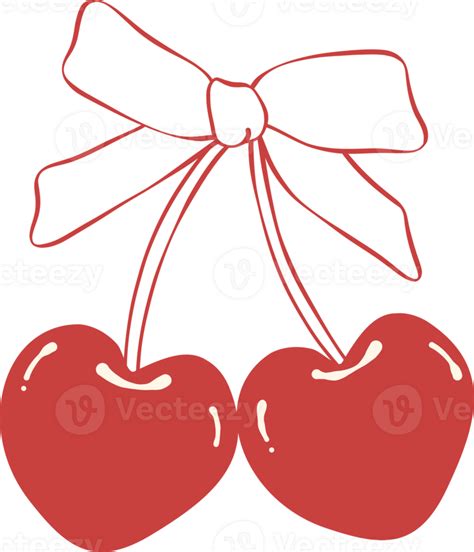 Coquette Cherries Heart Shape With Ribbon Bow Flat Design Png