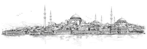 Single Line Pencil Drawing Of The Iconic Istanbul Skyline Featuring The