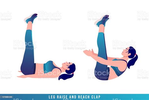 Leg Raise And Reach Clap Exercise Women Workout Fitness Aerobic And Exercises Vector