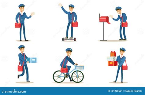 Postman Or Mailman Delivering Mails And Packages Set Vector