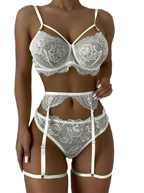 Multitrust Women S 3 Piece Lingerie Set Floral Lace Bra Garter Belt