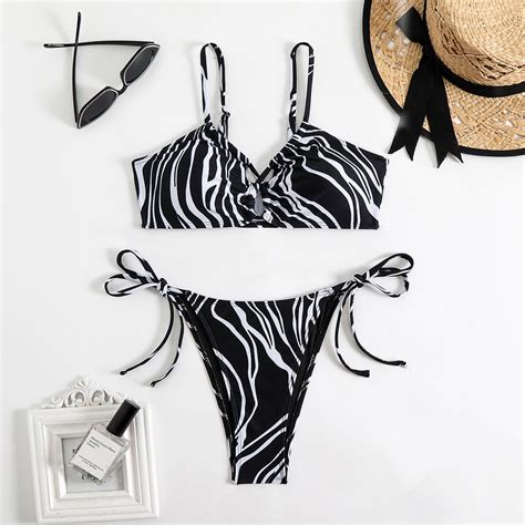 Black Swim Suits For Women 2025 Women S Strappy Swimsuit Hollow Swimsuit Printed Bikini Tankini