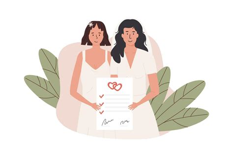 A Cute Female Couple In Wedding Dress Holding Signed Marriage Certificate Married Lesbian Women