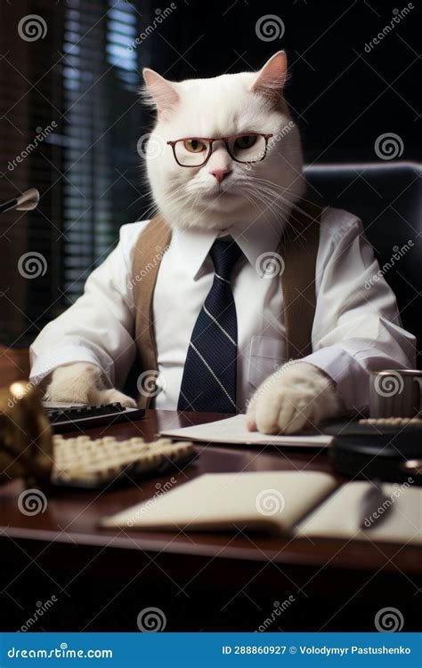 Cat Wearing Glasses And Tie Sitting At Desk Generative Ai Stock Image