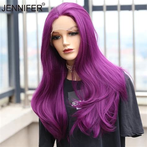 Synthetic Long Straight Wigs With Lace Front Female Nature 24inch Purple Color Heat Resistant