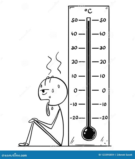 Cartoon Of Overheated Or Exhausted Man And Celsius Thermometer Showing