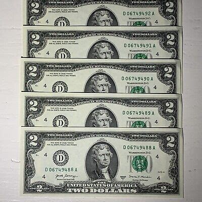 Lot Of New Lucky Uncirculated Two Dollar Bills Sequential Unc