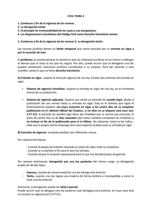 Civil Tema Civil Tema Dos Derecho Civil Apuntes Civil Tema 4 1 Comienzo Y Fin De La Vigencia