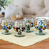 UNICEF Market Set Of 4 Colorful Handblown Glass Goblets From Mexico