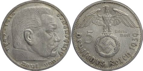 Drittes Reich 5 Reichsmark 1939 B Hindenburg Kursmünze 1936 1939 VF