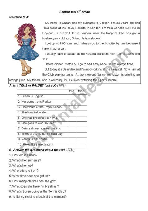 6th Grade Revision Test Esl Worksheet