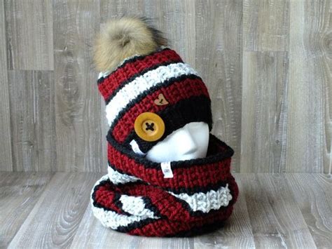 Ensemble Esquimau Tuque Et Snood Tricoté à La Main Pompon Fourrure De