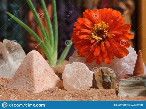 Chakra Stones With Aloe Vera Plant And Incense Cone On Australian Red