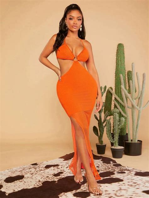 SHEIN SXY Neon Orange O Ring Detail Crisscross Tie Backless Split Thigh