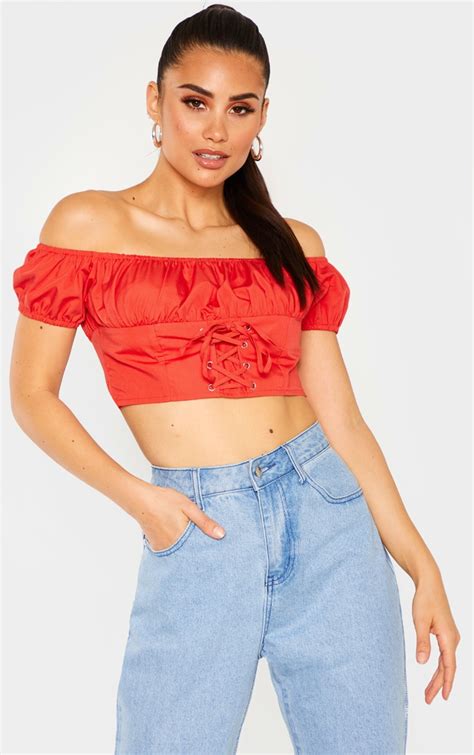 Red Puff Sleeve Lace Up Crop Top Tops Prettylittlething Usa