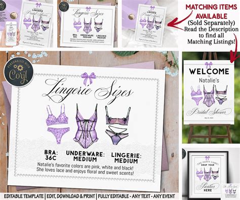 Purple Lingerie Size Card Lingerie Size Insert Bride S Measurements Card Lingerie Shower Insert