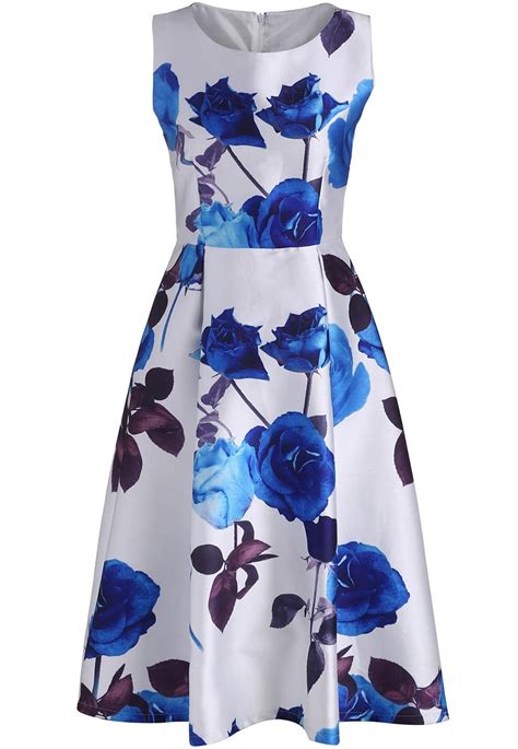 White Sleeveless Rose Print Flare Dress Shein Sheinside