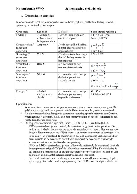 Samenvatting Elektriciteit Natuurkunde Vwo Natuurkunde Vwo