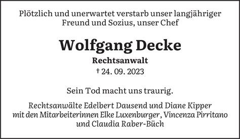 Traueranzeigen Von Wolfgang Decke Saarbruecker Zeitung Trauer De