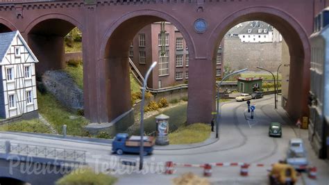 N scale model train layout with Magnorail miniature cars and ...