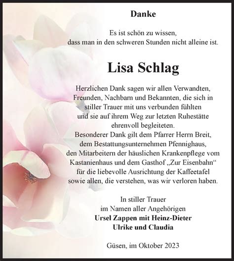 Traueranzeigen Von Lisa Schlag Abschied Nehmen De