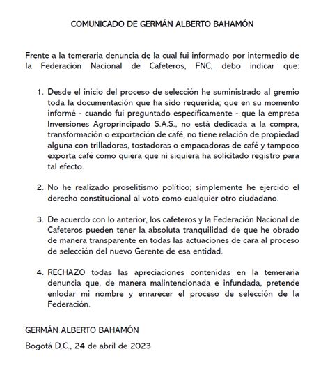 Melquisedec Torres on Twitter Comunicado de Germán Alberto Bahamón