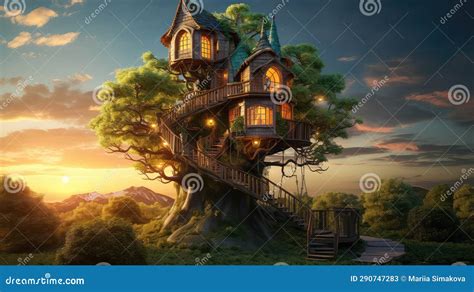 Whimsical Treehouse Photo Realistic Illustration - Generative AI. Stock ...