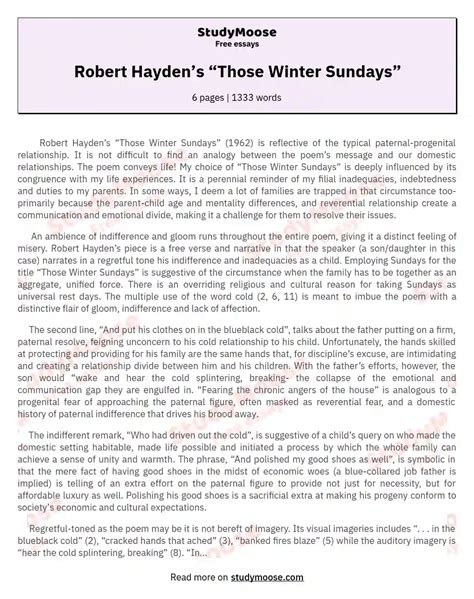 Robert Hayden’s “those Winter Sundays” Free Essay Example