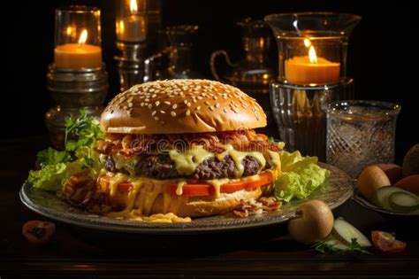 A Cheddar Cheese Hamburger At A Vintage Dishes Generative Ia Stock