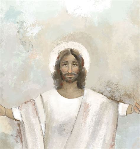 A Painting Of Jesus Holding His Hands Out In Front Of Him With Both Hands Outstretched