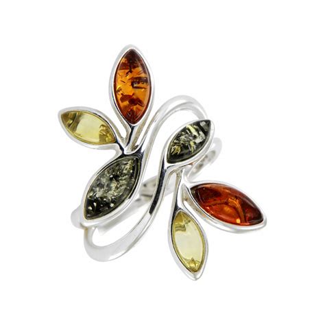 Bague Ambre Multicolore Sur Argent Ref