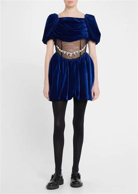 Buy Simone Rocha Velvet Sculpted Puff Sleeve Mini Dress Blue Pearl