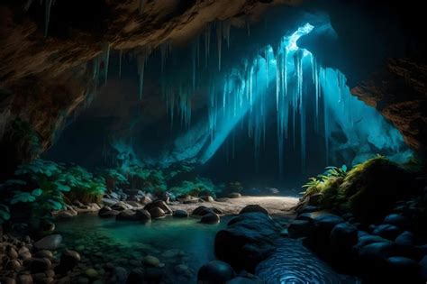 Premium AI Image | A cave with a waterfall and ice cave