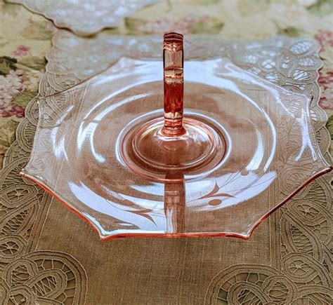 Lot 106 Pink Depression Glass Handle Octagonal Tidbit Sandwich Cake Serving Tray Etched Design